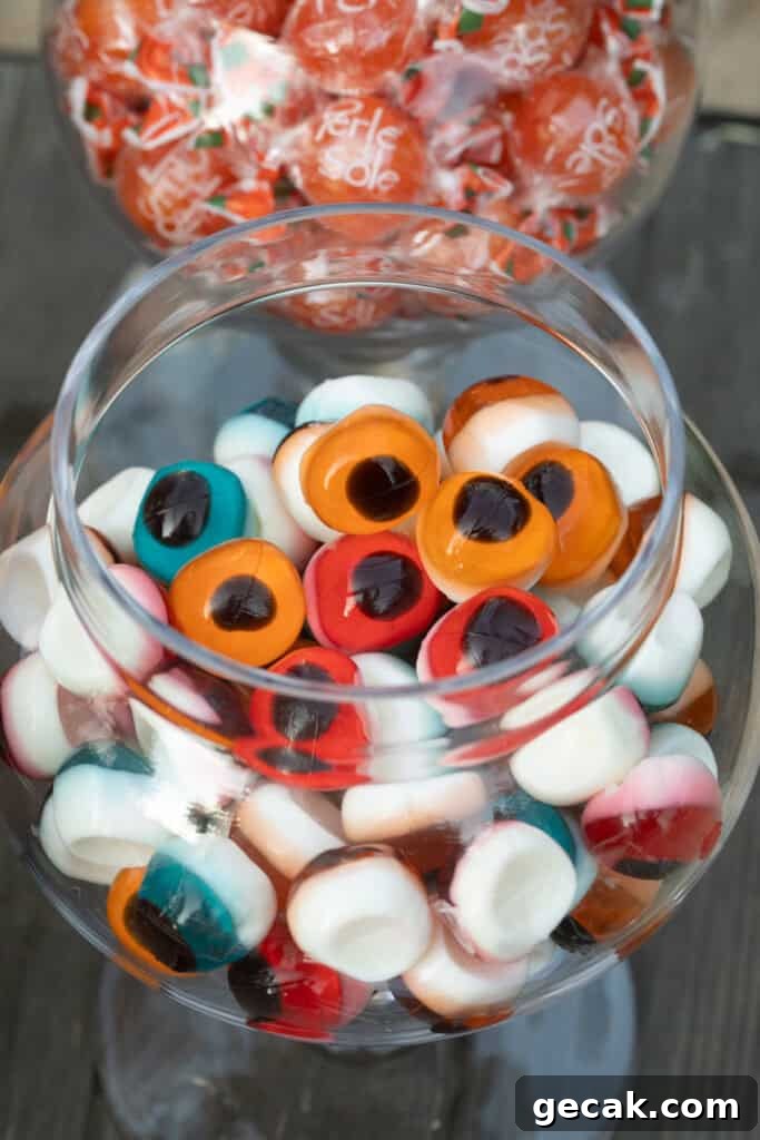 Gummy eyeballs in a glass jar.